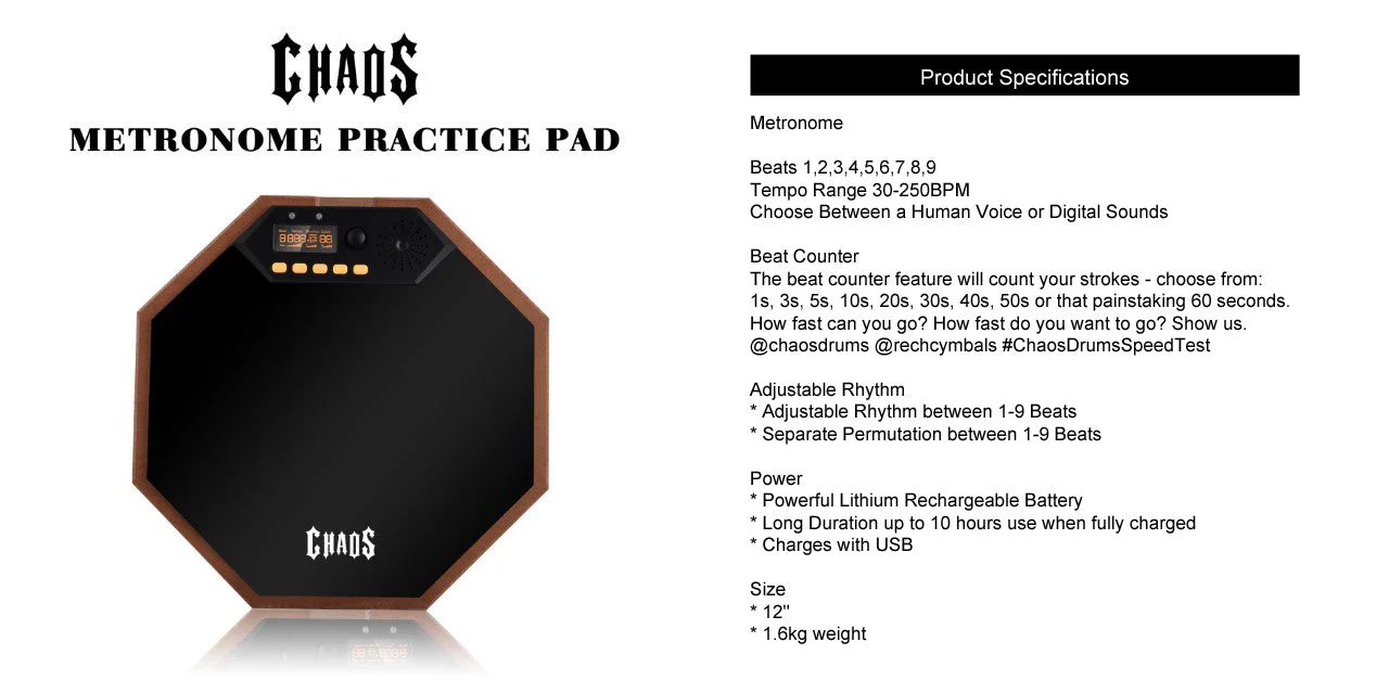Chaos 12" Metronome Drumming Practice Pad - Image 3
